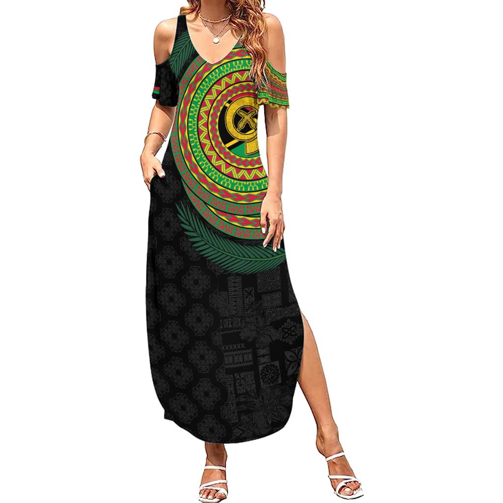 Vanuatu Tribal Tattoo with Namele Leaves Family Matching Summer Maxi Dress and Hawaiian Shirt LT03 Mom's Dress Black - Polynesian Pride