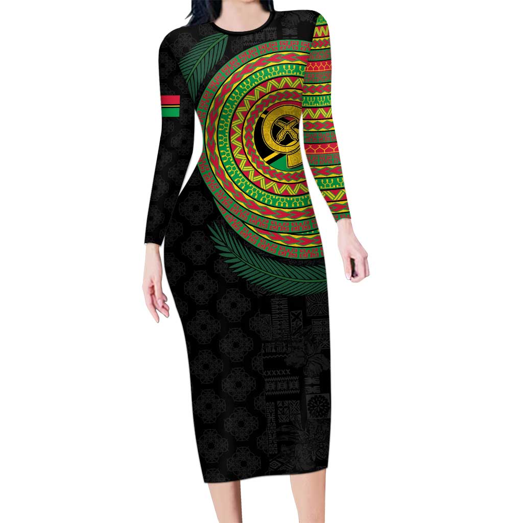 Vanuatu Tribal Tattoo with Namele Leaves Long Sleeve Bodycon Dress LT03 Long Dress Black - Polynesian Pride