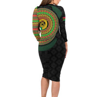 Vanuatu Tribal Tattoo with Namele Leaves Long Sleeve Bodycon Dress LT03 - Polynesian Pride