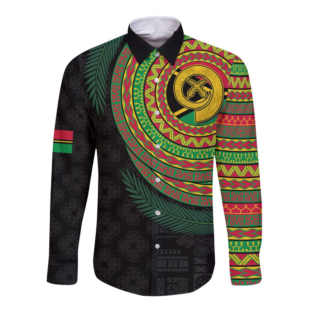 Vanuatu Tribal Tattoo with Namele Leaves Long Sleeve Button Shirt LT03 Unisex Black - Polynesian Pride