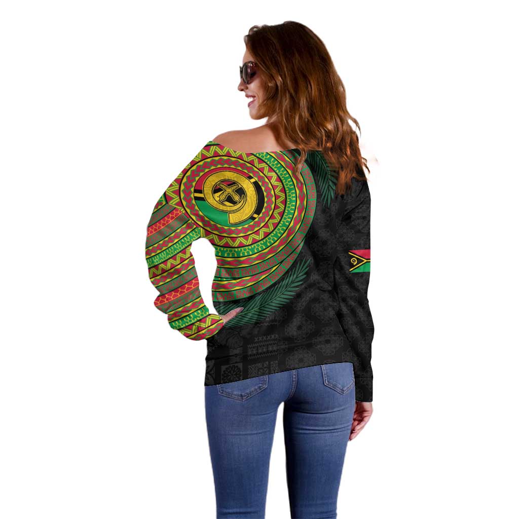 Vanuatu Tribal Tattoo with Namele Leaves Off Shoulder Sweater
