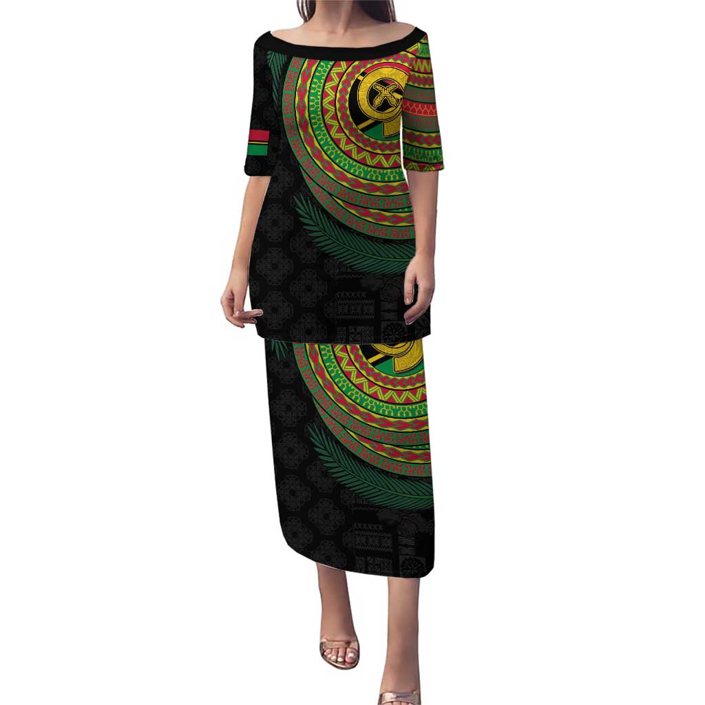 Vanuatu Tribal Tattoo with Namele Leaves Puletasi LT03 Long Dress Black - Polynesian Pride