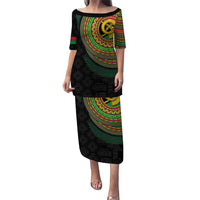 Vanuatu Tribal Tattoo with Namele Leaves Puletasi LT03 Long Dress Black - Polynesian Pride