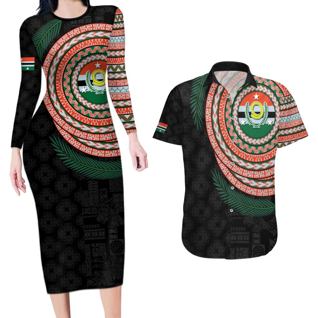 Penama Tribal Tattoo with Namele Leaves Couples Matching Long Sleeve Bodycon Dress and Hawaiian Shirt LT03 Black - Polynesian Pride