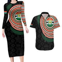 Penama Tribal Tattoo with Namele Leaves Couples Matching Long Sleeve Bodycon Dress and Hawaiian Shirt LT03 Black - Polynesian Pride