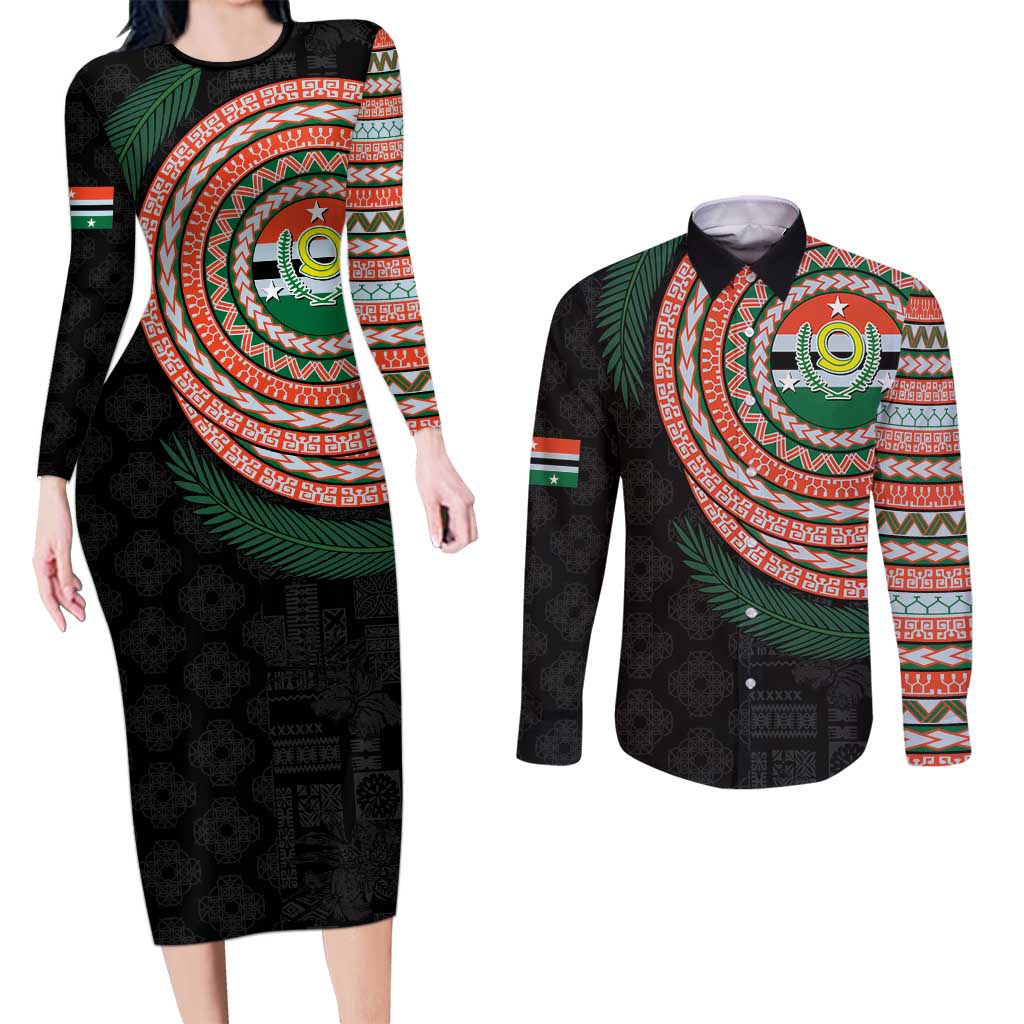 Penama Tribal Tattoo with Namele Leaves Couples Matching Long Sleeve Bodycon Dress and Long Sleeve Button Shirt LT03 Black - Polynesian Pride