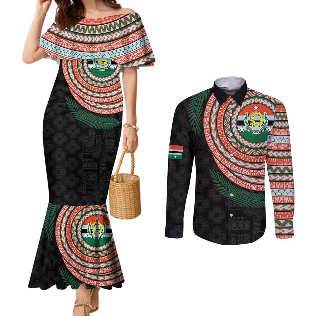Penama Tribal Tattoo with Namele Leaves Couples Matching Mermaid Dress and Long Sleeve Button Shirt LT03 Black - Polynesian Pride