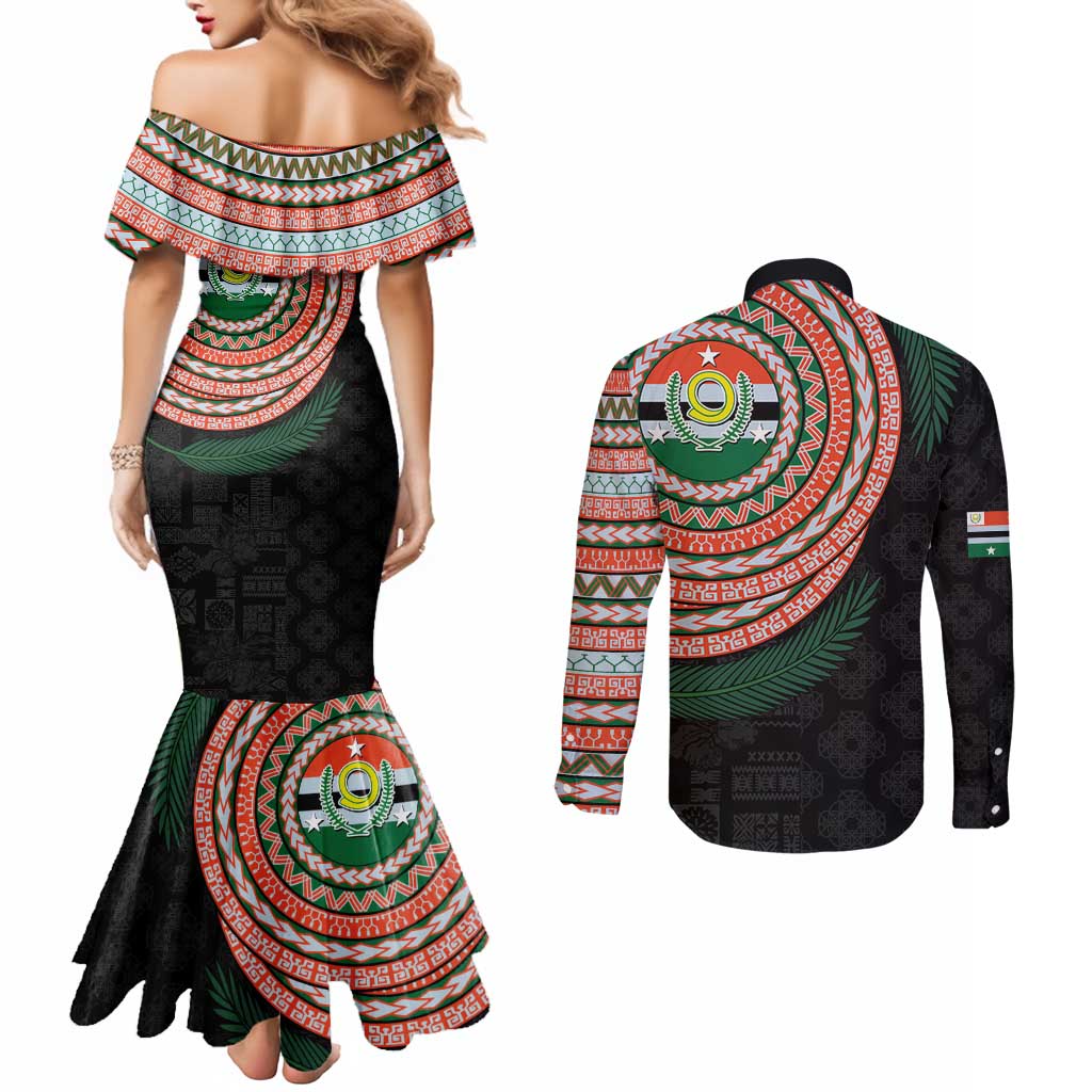 Penama Tribal Tattoo with Namele Leaves Couples Matching Mermaid Dress and Long Sleeve Button Shirt LT03 - Polynesian Pride
