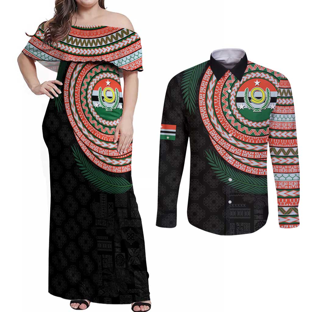 Penama Tribal Tattoo with Namele Leaves Couples Matching Off Shoulder Maxi Dress and Long Sleeve Button Shirt LT03 Black - Polynesian Pride