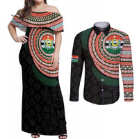 Penama Tribal Tattoo with Namele Leaves Couples Matching Off Shoulder Maxi Dress and Long Sleeve Button Shirt LT03 Black - Polynesian Pride