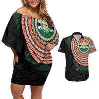 Penama Tribal Tattoo with Namele Leaves Couples Matching Off Shoulder Short Dress and Hawaiian Shirt LT03 Black - Polynesian Pride