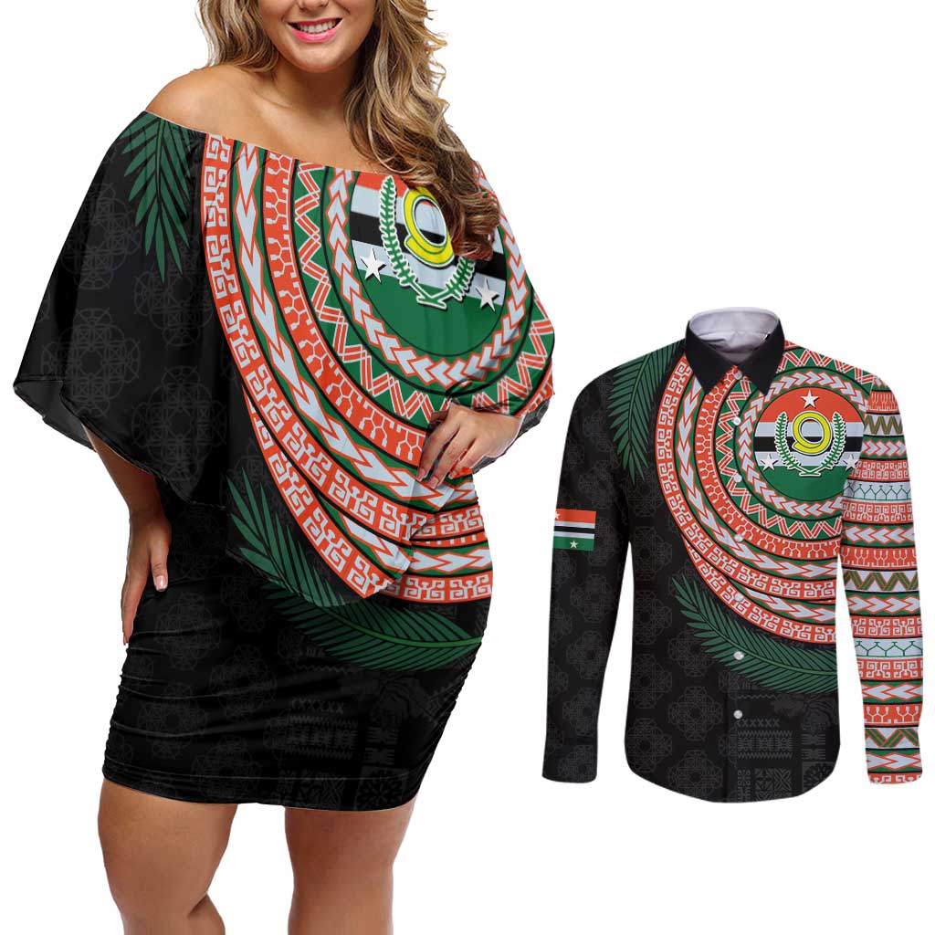 Penama Tribal Tattoo with Namele Leaves Couples Matching Off Shoulder Short Dress and Long Sleeve Button Shirt LT03 Black - Polynesian Pride