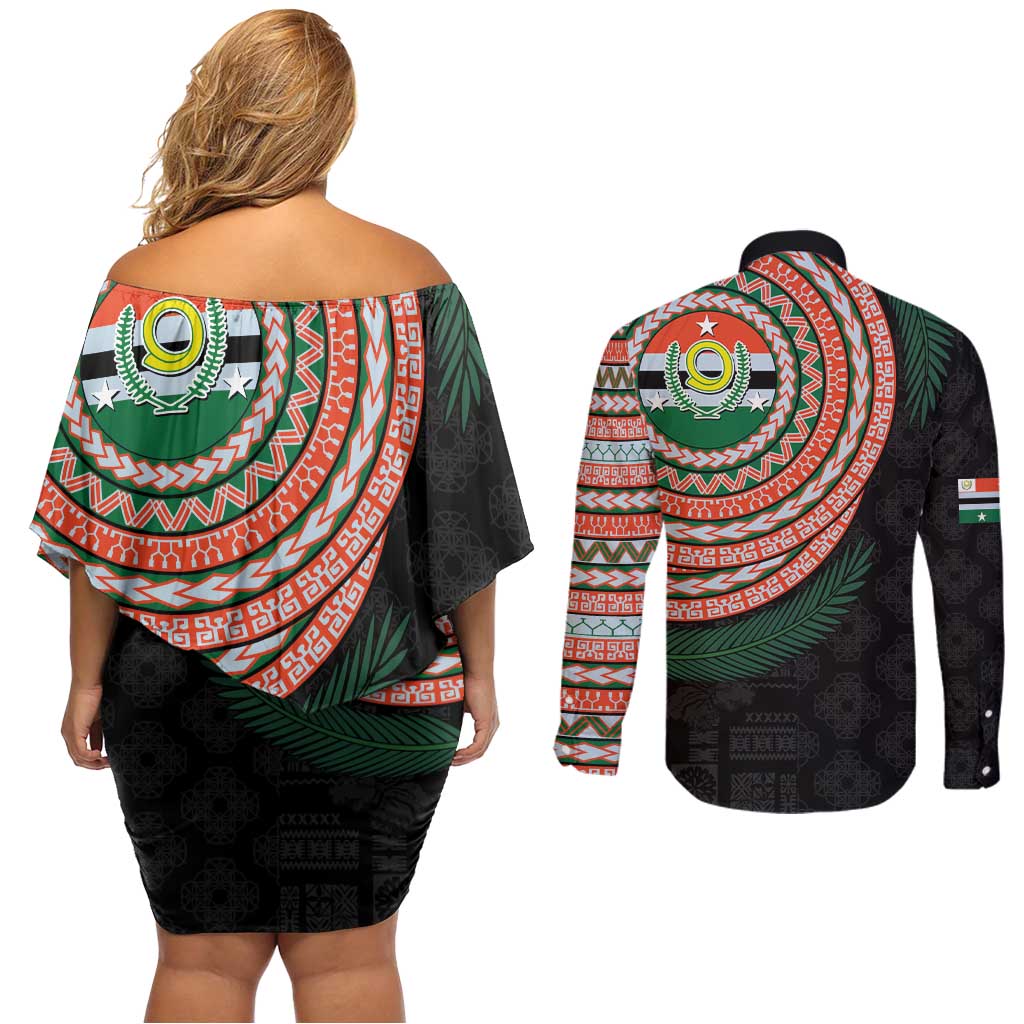 Penama Tribal Tattoo with Namele Leaves Couples Matching Off Shoulder Short Dress and Long Sleeve Button Shirt LT03 - Polynesian Pride