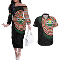Penama Tribal Tattoo with Namele Leaves Couples Matching Off The Shoulder Long Sleeve Dress and Hawaiian Shirt LT03 Black - Polynesian Pride