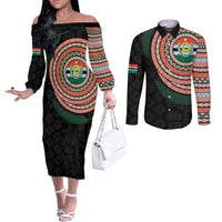 Penama Tribal Tattoo with Namele Leaves Couples Matching Off The Shoulder Long Sleeve Dress and Long Sleeve Button Shirt LT03 Black - Polynesian Pride