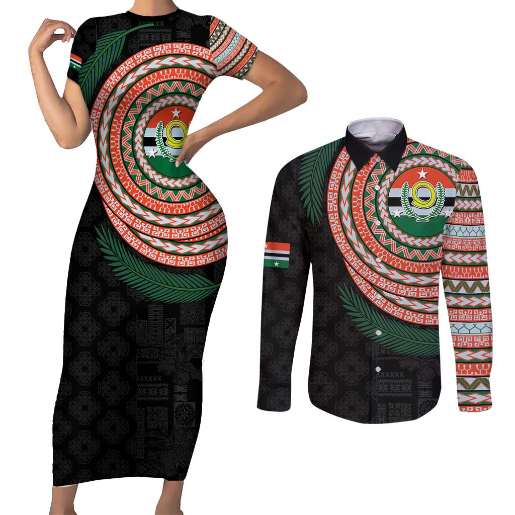 Penama Tribal Tattoo with Namele Leaves Couples Matching Short Sleeve Bodycon Dress and Long Sleeve Button Shirt LT03 Black - Polynesian Pride