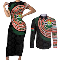 Penama Tribal Tattoo with Namele Leaves Couples Matching Short Sleeve Bodycon Dress and Long Sleeve Button Shirt LT03 Black - Polynesian Pride