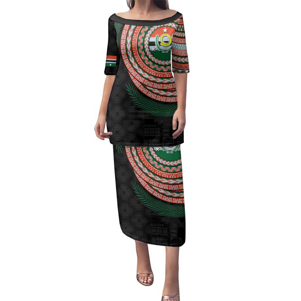 Penama Tribal Tattoo with Namele Leaves Family Matching Puletasi and Hawaiian Shirt LT03 Mom's Dress Black - Polynesian Pride