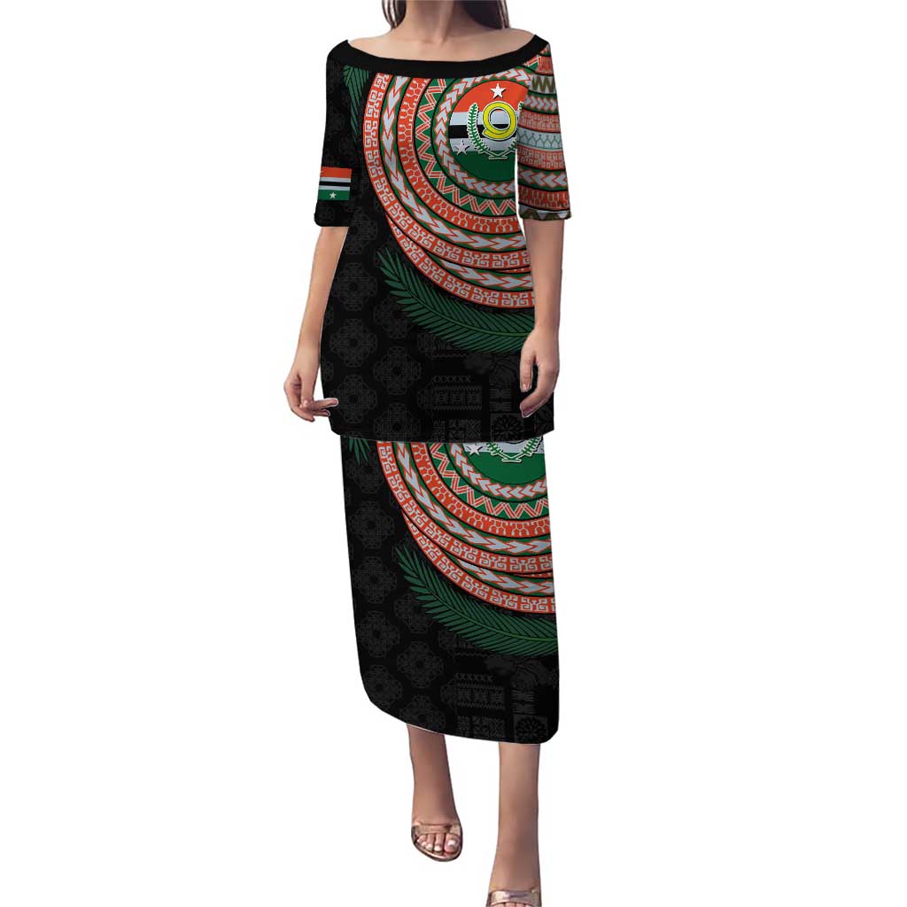 Penama Tribal Tattoo with Namele Leaves Puletasi LT03 Long Dress Black - Polynesian Pride