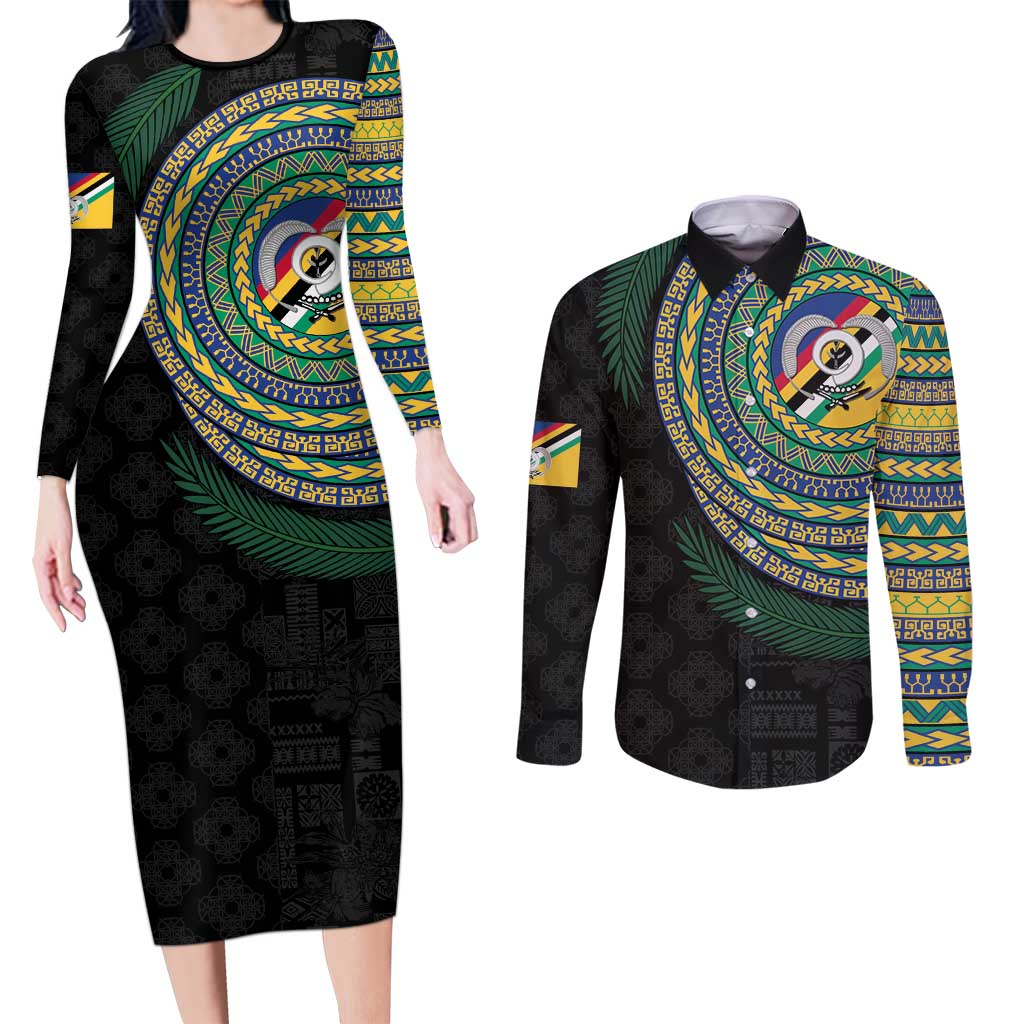 Torba Tribal Tattoo with Namele Leaves Couples Matching Long Sleeve Bodycon Dress and Long Sleeve Button Shirt LT03 Black - Polynesian Pride