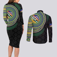 Torba Tribal Tattoo with Namele Leaves Couples Matching Long Sleeve Bodycon Dress and Long Sleeve Button Shirt LT03 - Polynesian Pride