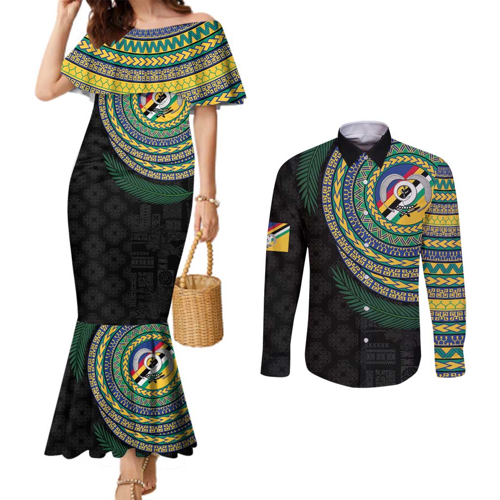 Torba Tribal Tattoo with Namele Leaves Couples Matching Mermaid Dress and Long Sleeve Button Shirt LT03 Black - Polynesian Pride