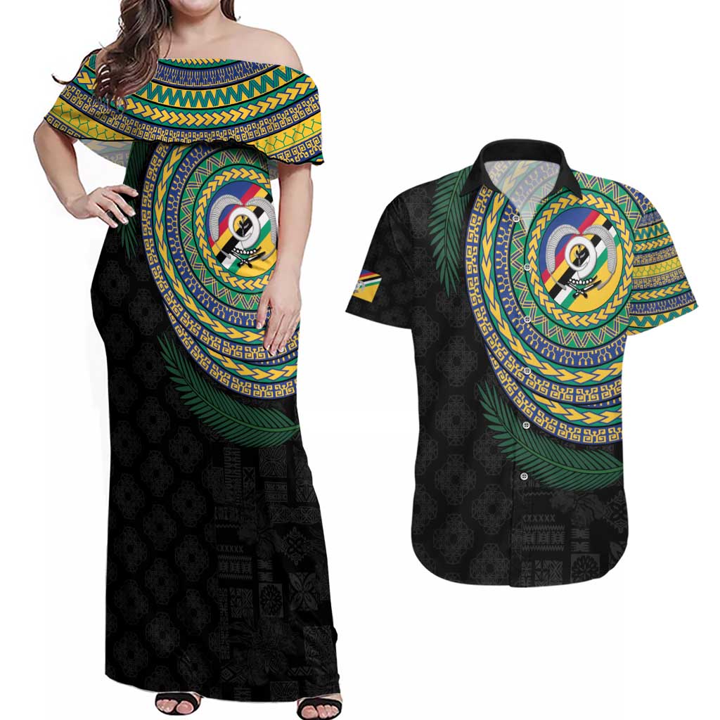 Torba Tribal Tattoo with Namele Leaves Couples Matching Off Shoulder Maxi Dress and Hawaiian Shirt LT03 Black - Polynesian Pride
