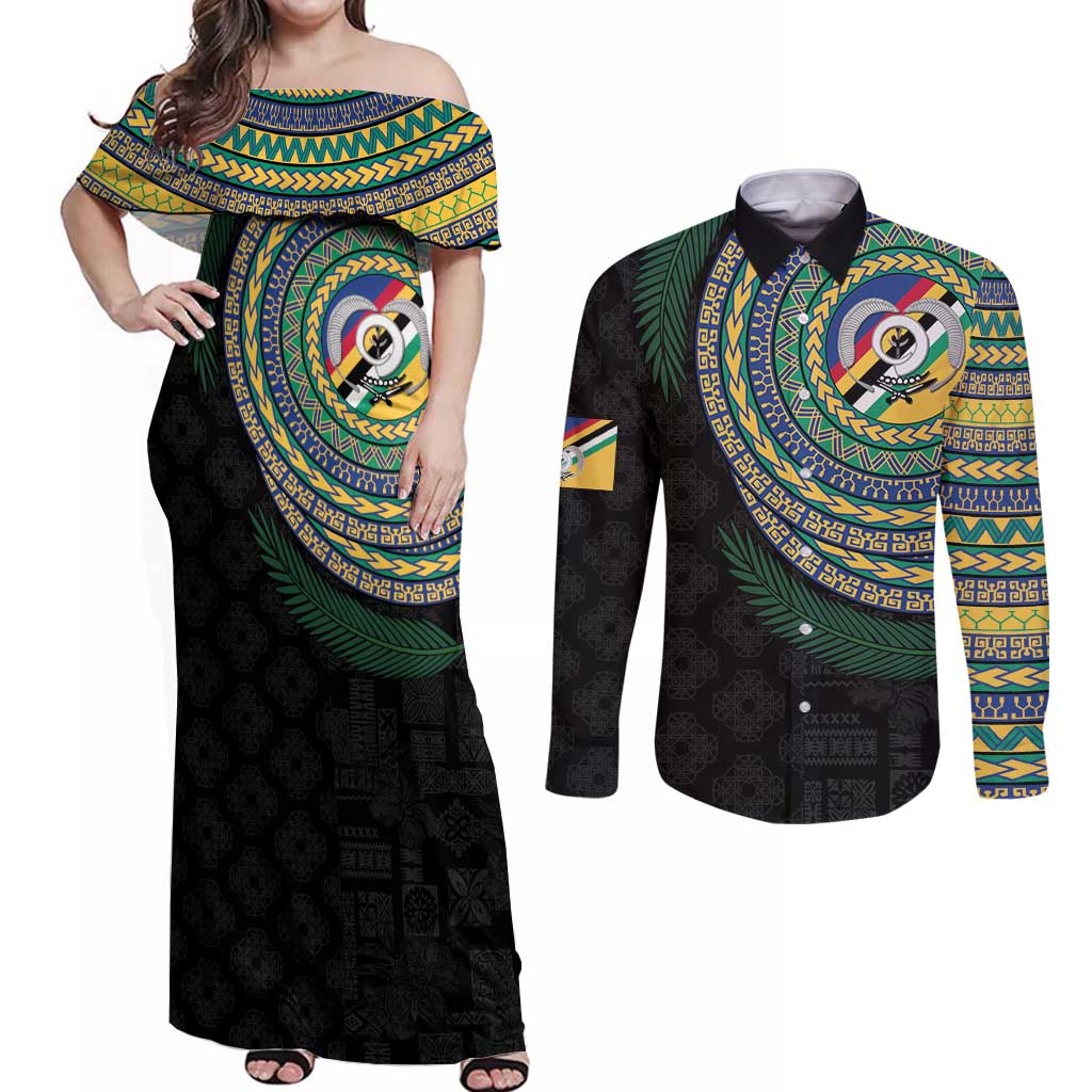 Torba Tribal Tattoo with Namele Leaves Couples Matching Off Shoulder Maxi Dress and Long Sleeve Button Shirt LT03 Black - Polynesian Pride