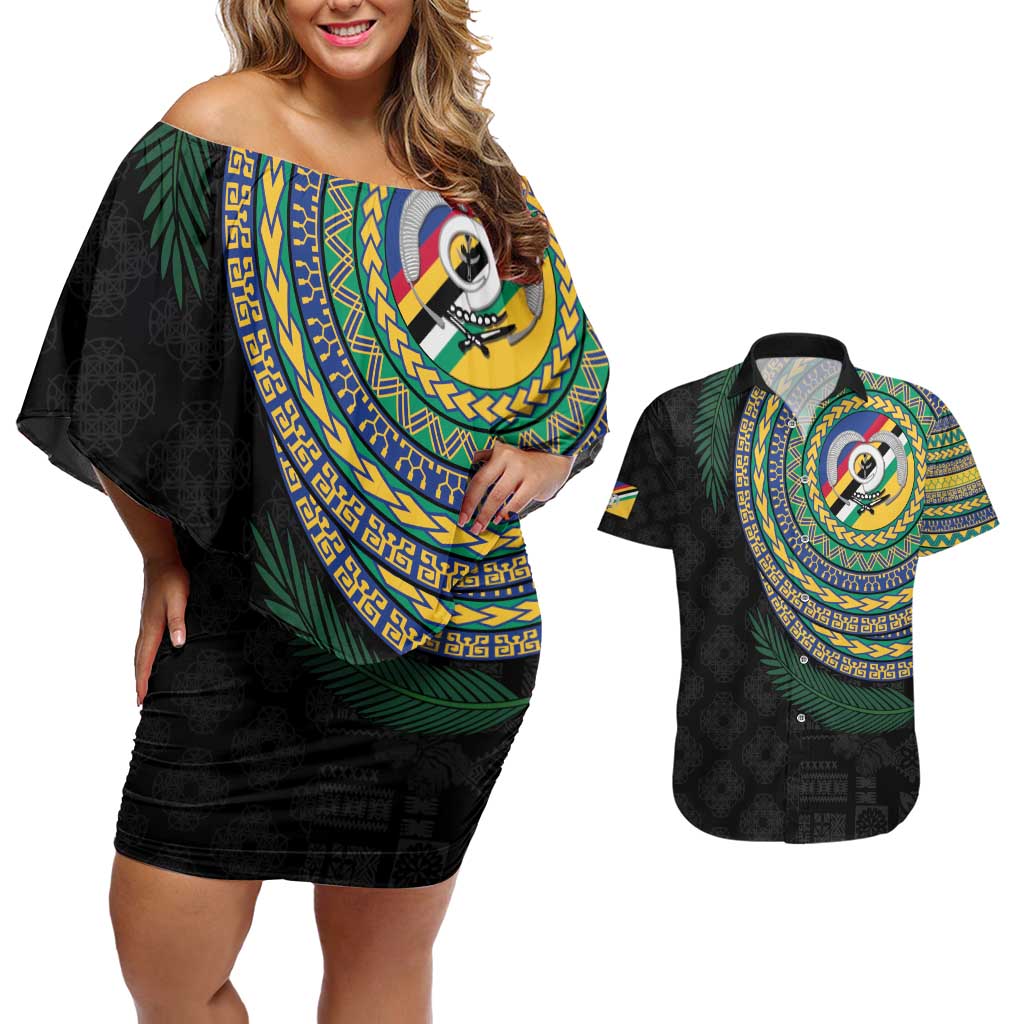 Torba Tribal Tattoo with Namele Leaves Couples Matching Off Shoulder Short Dress and Hawaiian Shirt LT03 Black - Polynesian Pride