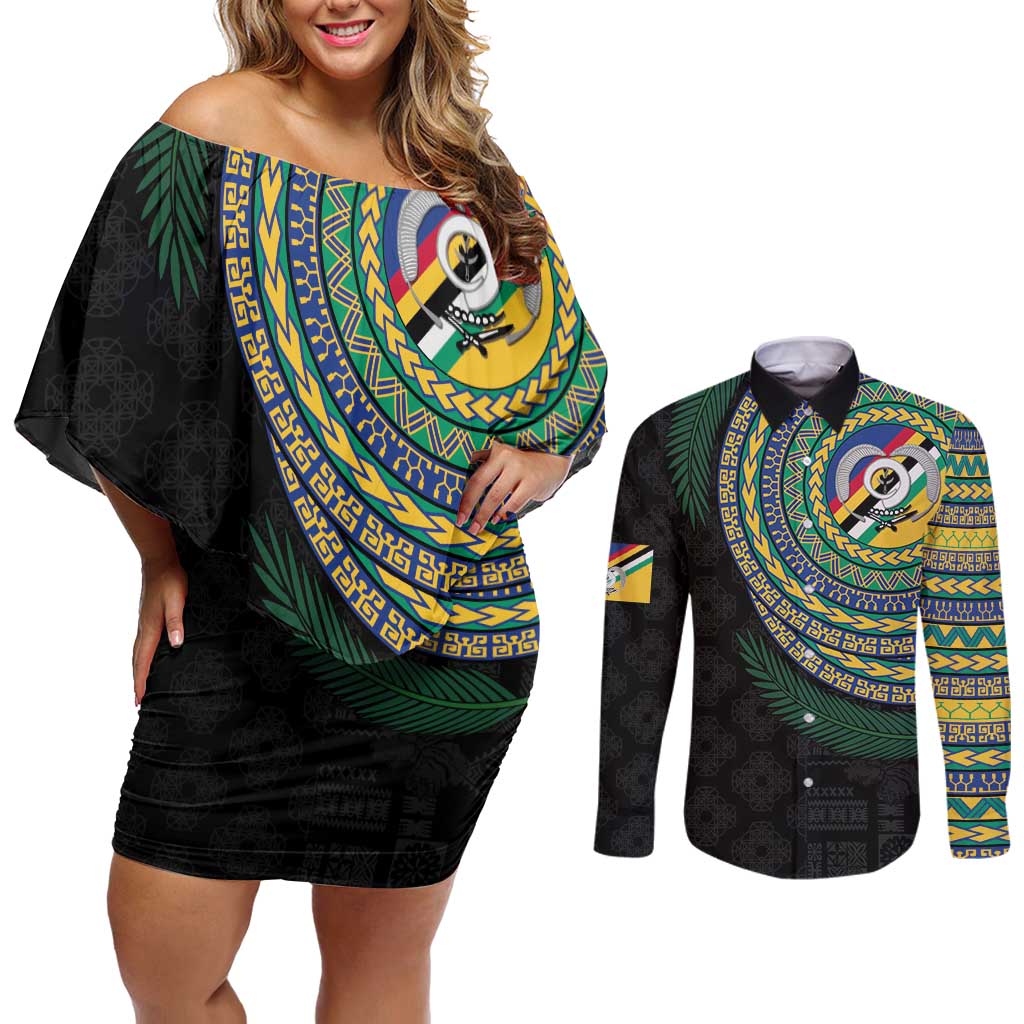 Torba Tribal Tattoo with Namele Leaves Couples Matching Off Shoulder Short Dress and Long Sleeve Button Shirt LT03 Black - Polynesian Pride