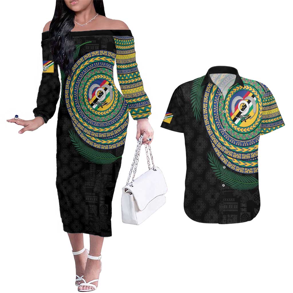 Torba Tribal Tattoo with Namele Leaves Couples Matching Off The Shoulder Long Sleeve Dress and Hawaiian Shirt LT03 Black - Polynesian Pride
