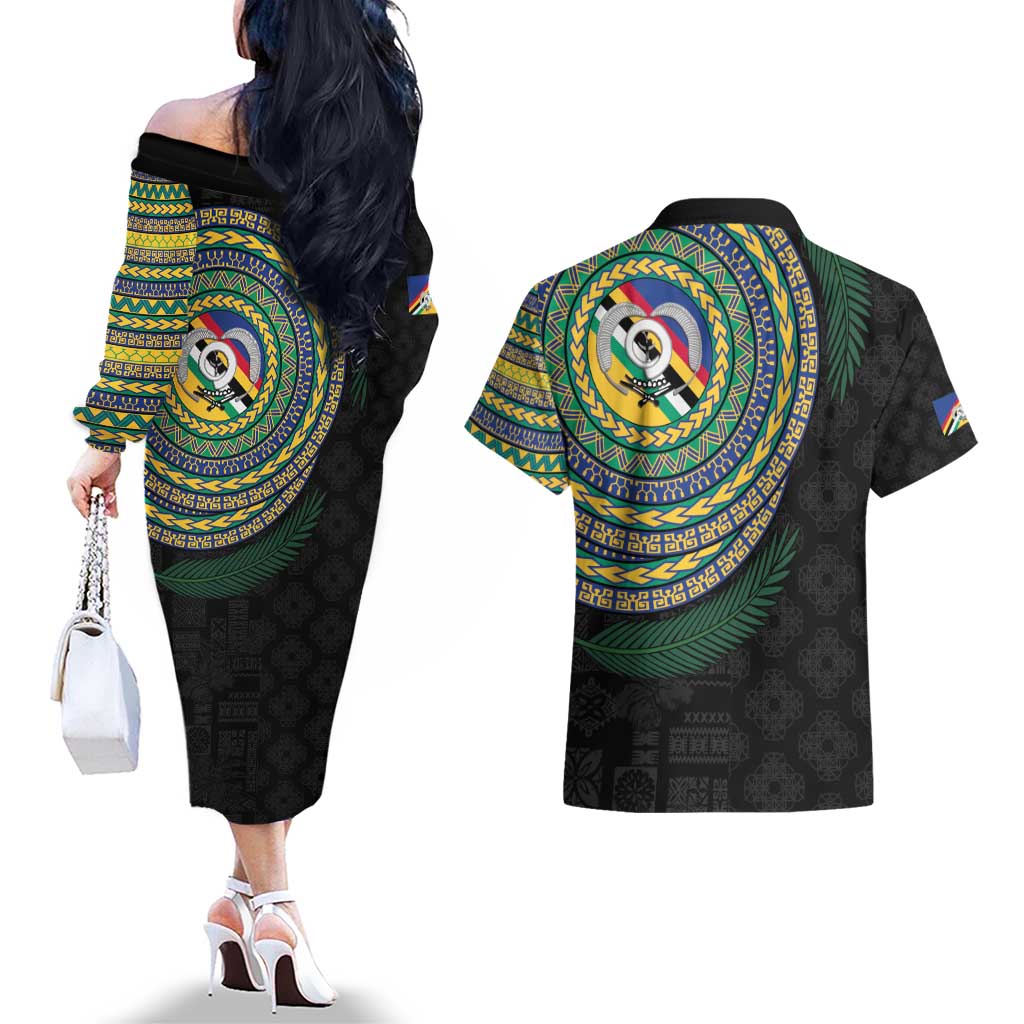 Torba Tribal Tattoo with Namele Leaves Couples Matching Off The Shoulder Long Sleeve Dress and Hawaiian Shirt LT03 - Polynesian Pride