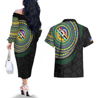 Torba Tribal Tattoo with Namele Leaves Couples Matching Off The Shoulder Long Sleeve Dress and Hawaiian Shirt LT03 - Polynesian Pride