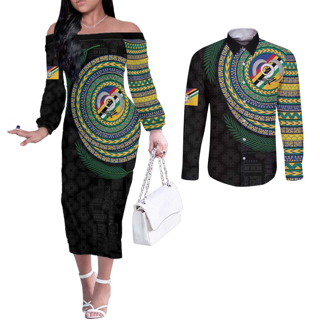 Torba Tribal Tattoo with Namele Leaves Couples Matching Off The Shoulder Long Sleeve Dress and Long Sleeve Button Shirt LT03 Black - Polynesian Pride