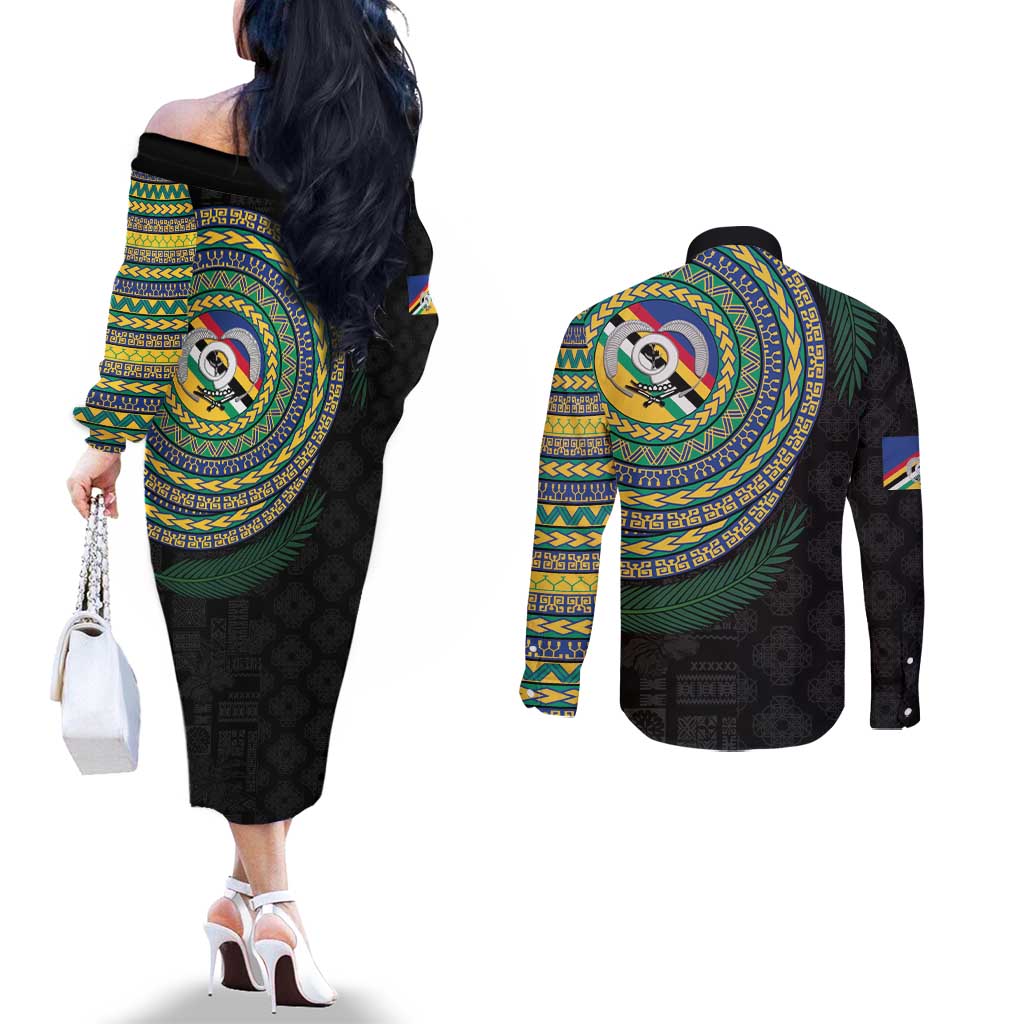 Torba Tribal Tattoo with Namele Leaves Couples Matching Off The Shoulder Long Sleeve Dress and Long Sleeve Button Shirt LT03 - Polynesian Pride