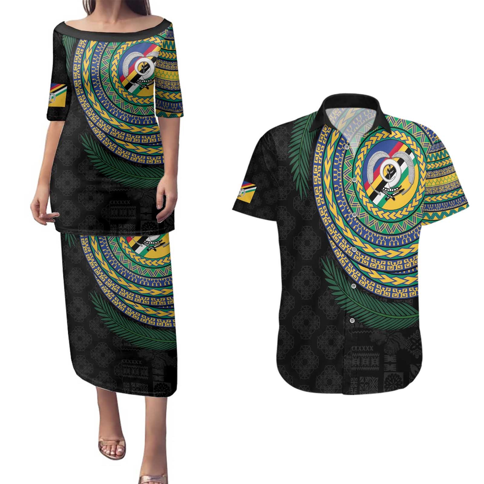 Torba Tribal Tattoo with Namele Leaves Couples Matching Puletasi and Hawaiian Shirt LT03 Black - Polynesian Pride