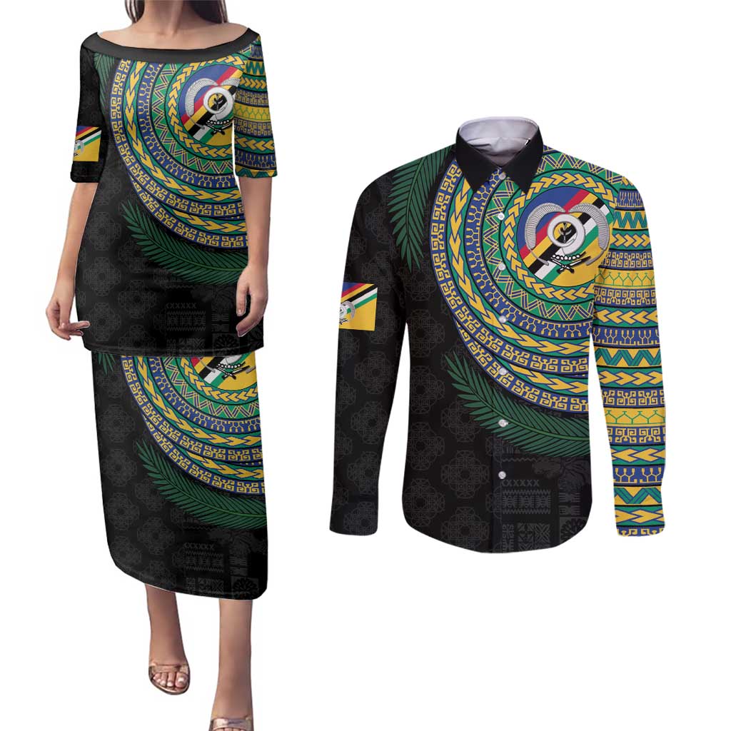 Torba Tribal Tattoo with Namele Leaves Couples Matching Puletasi and Long Sleeve Button Shirt LT03 Black - Polynesian Pride