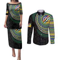 Torba Tribal Tattoo with Namele Leaves Couples Matching Puletasi and Long Sleeve Button Shirt LT03 Black - Polynesian Pride