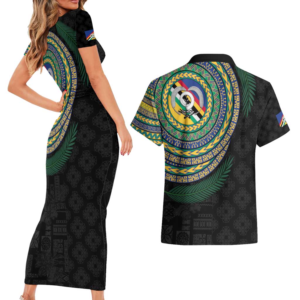 Torba Tribal Tattoo with Namele Leaves Couples Matching Short Sleeve Bodycon Dress and Hawaiian Shirt LT03 - Polynesian Pride