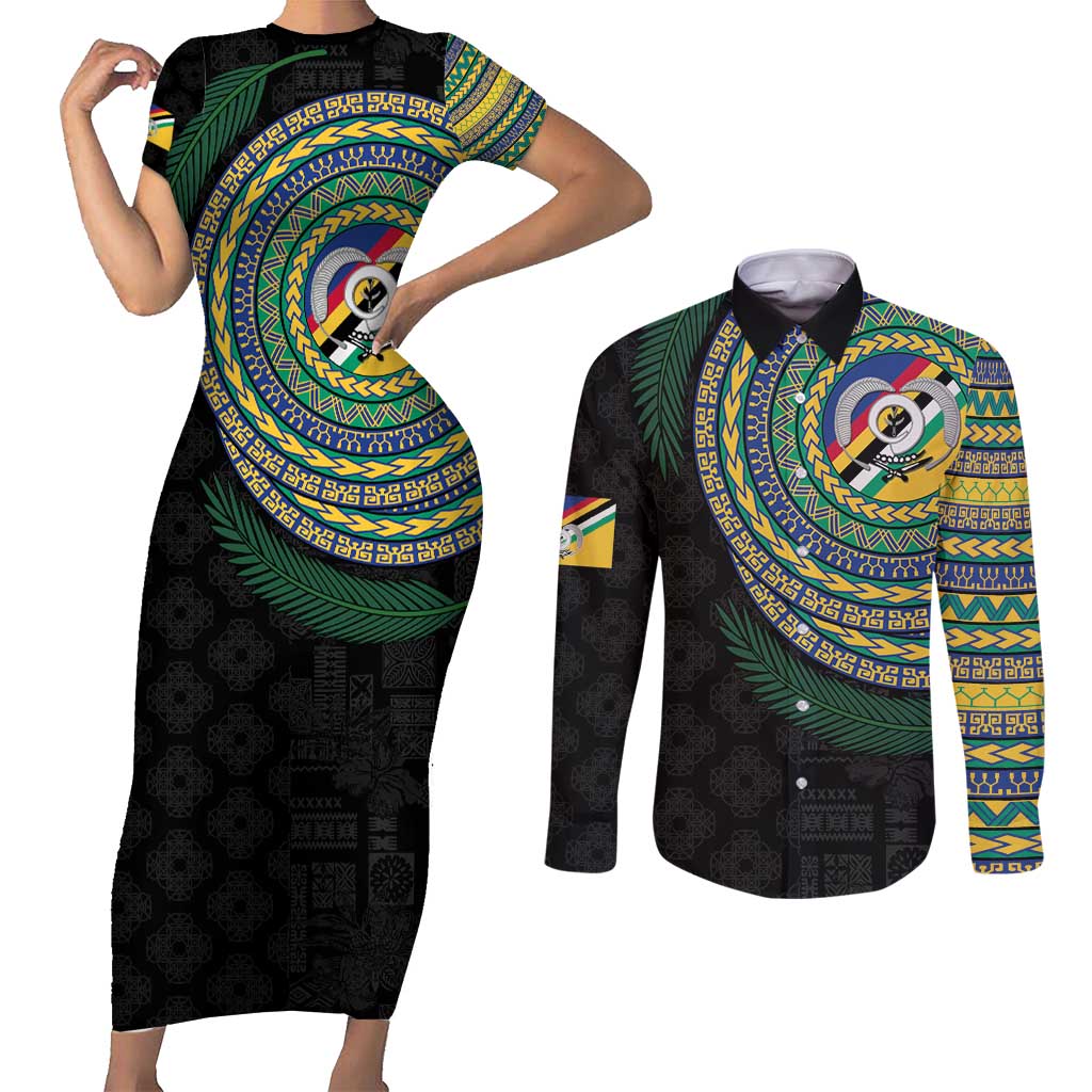Torba Tribal Tattoo with Namele Leaves Couples Matching Short Sleeve Bodycon Dress and Long Sleeve Button Shirt LT03 Black - Polynesian Pride