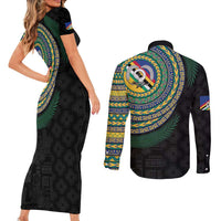Torba Tribal Tattoo with Namele Leaves Couples Matching Short Sleeve Bodycon Dress and Long Sleeve Button Shirt LT03 - Polynesian Pride
