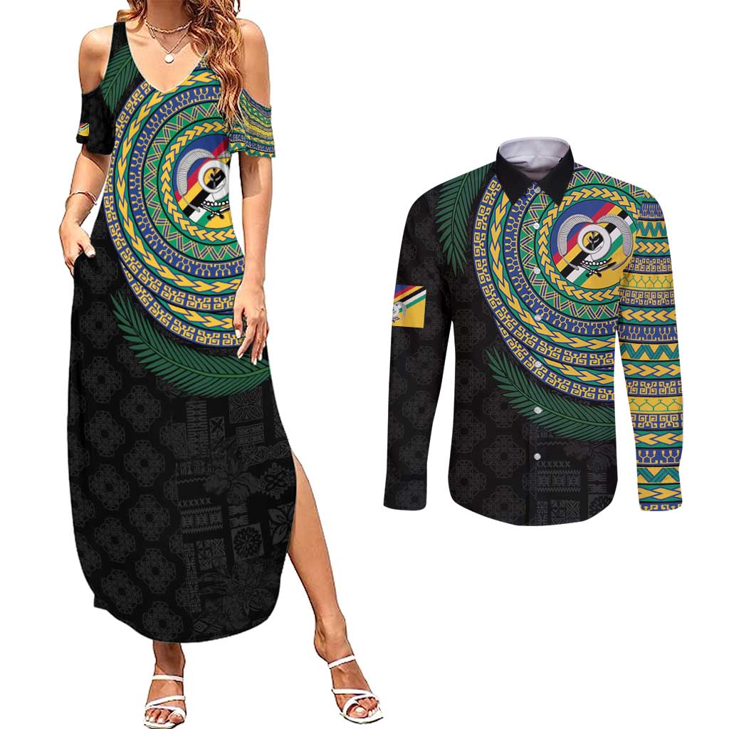 Torba Tribal Tattoo with Namele Leaves Couples Matching Summer Maxi Dress and Long Sleeve Button Shirt LT03 Black - Polynesian Pride
