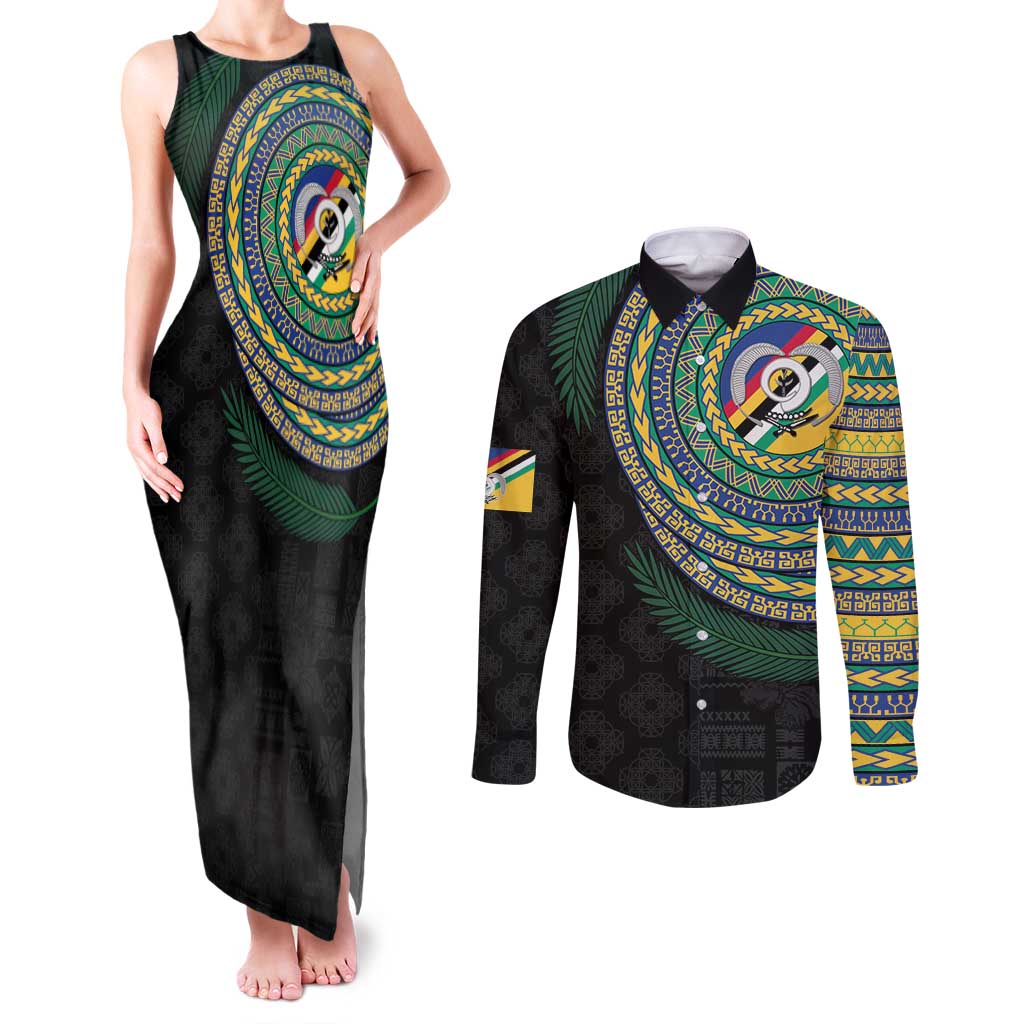 Torba Tribal Tattoo with Namele Leaves Couples Matching Tank Maxi Dress and Long Sleeve Button Shirt LT03 Black - Polynesian Pride
