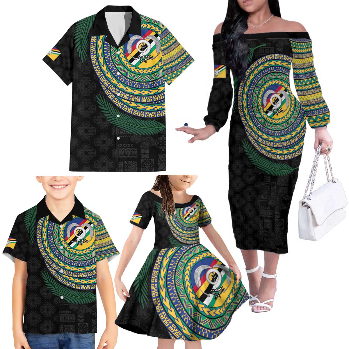 Torba Tribal Tattoo with Namele Leaves Family Matching Off The Shoulder Long Sleeve Dress and Hawaiian Shirt LT03 - Polynesian Pride