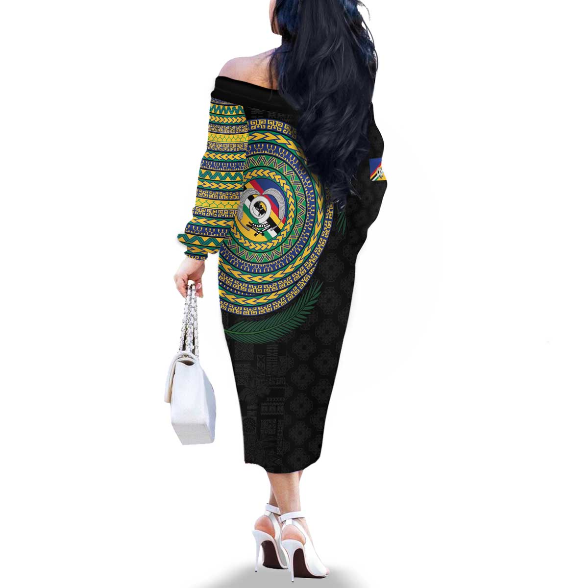 Torba Tribal Tattoo with Namele Leaves Family Matching Off The Shoulder Long Sleeve Dress and Hawaiian Shirt LT03 - Polynesian Pride