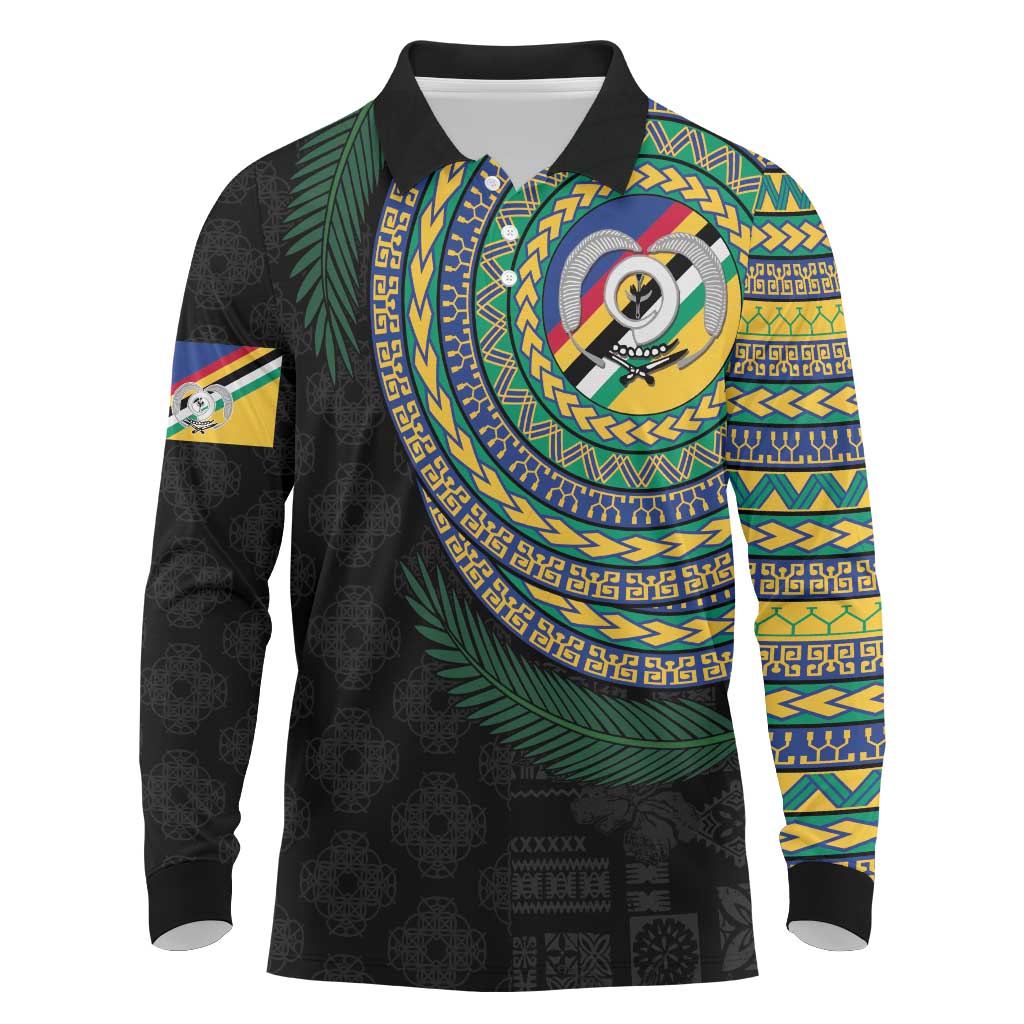 Torba Tribal Tattoo with Namele Leaves Long Sleeve Polo Shirt LT03 Black - Polynesian Pride