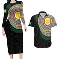 Shefa Tribal Tattoo with Namele Leaves Couples Matching Long Sleeve Bodycon Dress and Hawaiian Shirt LT03 Black - Polynesian Pride