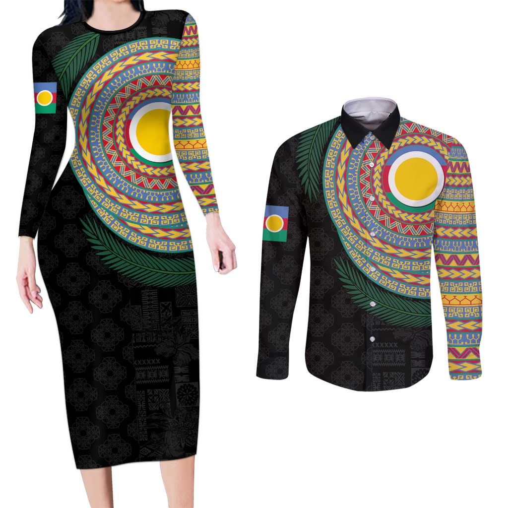 Shefa Tribal Tattoo with Namele Leaves Couples Matching Long Sleeve Bodycon Dress and Long Sleeve Button Shirt LT03 Black - Polynesian Pride