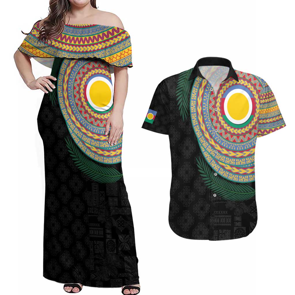 Shefa Tribal Tattoo with Namele Leaves Couples Matching Off Shoulder Maxi Dress and Hawaiian Shirt LT03 Black - Polynesian Pride