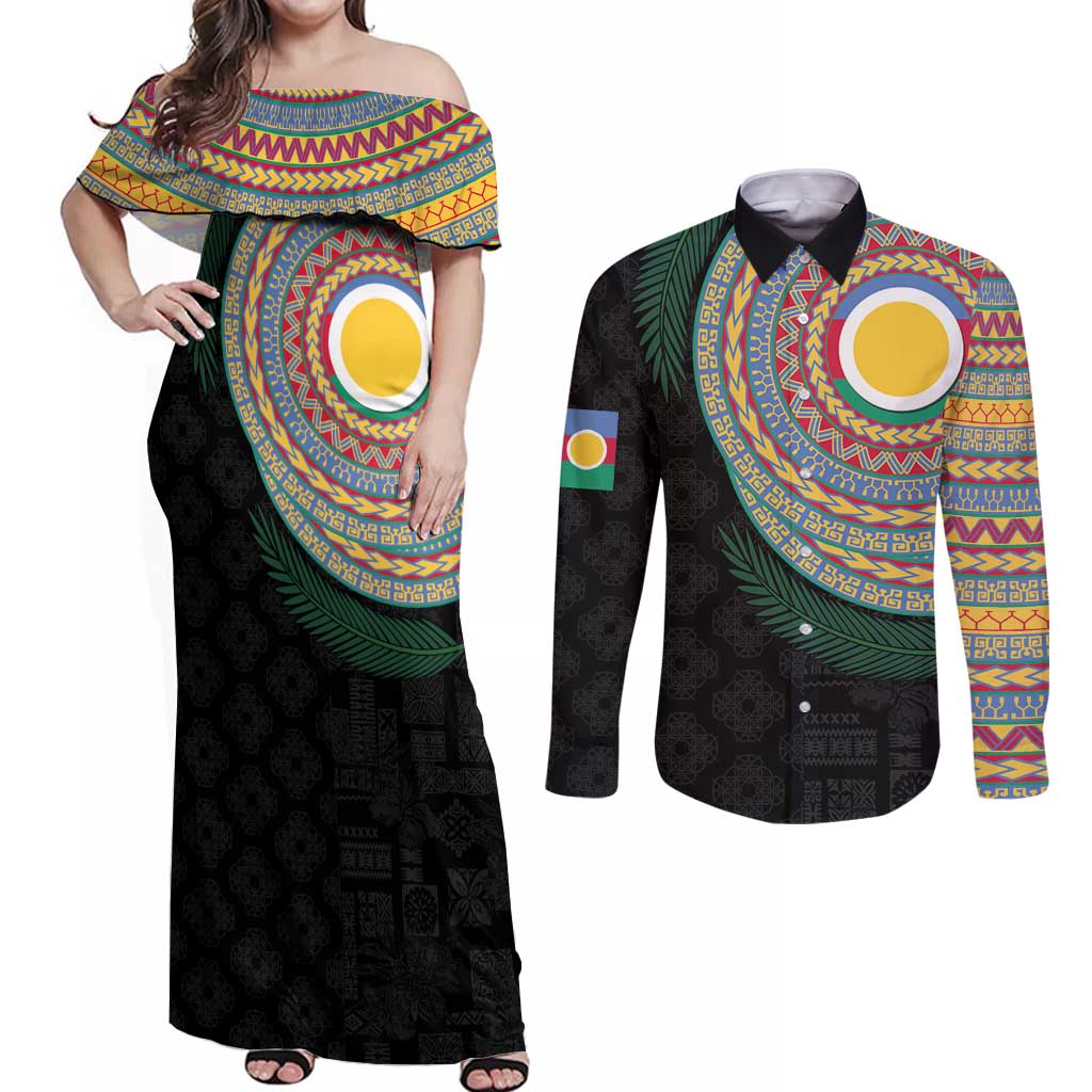 Shefa Tribal Tattoo with Namele Leaves Couples Matching Off Shoulder Maxi Dress and Long Sleeve Button Shirt LT03 Black - Polynesian Pride